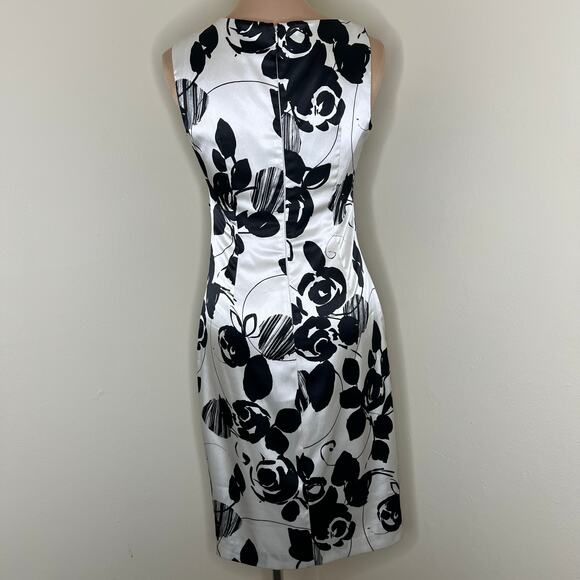 Maggy London Sheath Dress 8 Satin Black White Leaf Asymmetric Neck Cocktail Knee - Picture 3 of 9